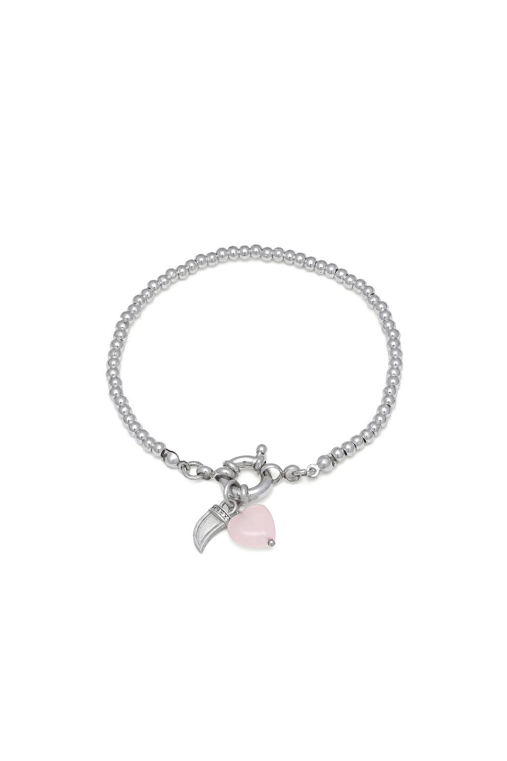 Bracciale con cuore in quarzo rosa e cornetto