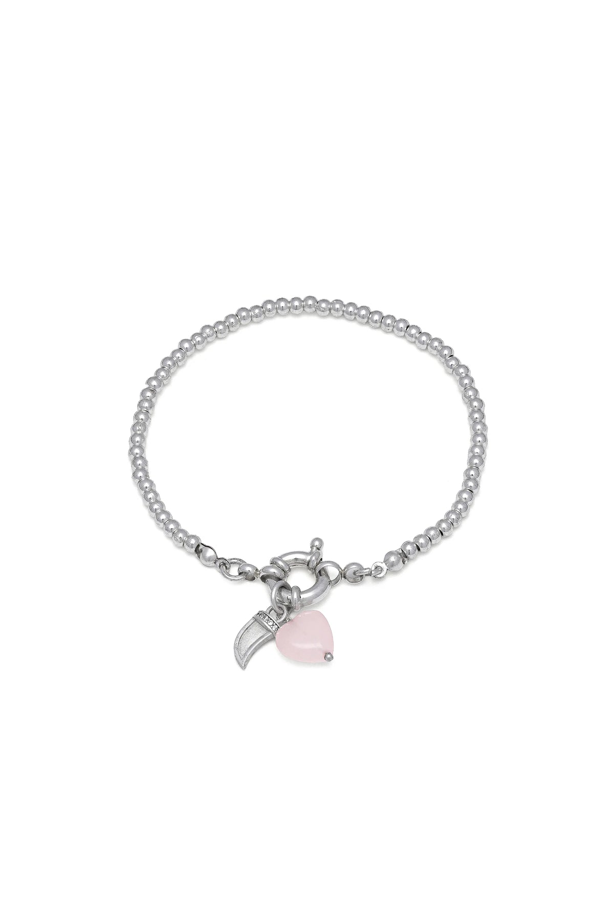 Bracciale con cuore in quarzo rosa e cornetto
