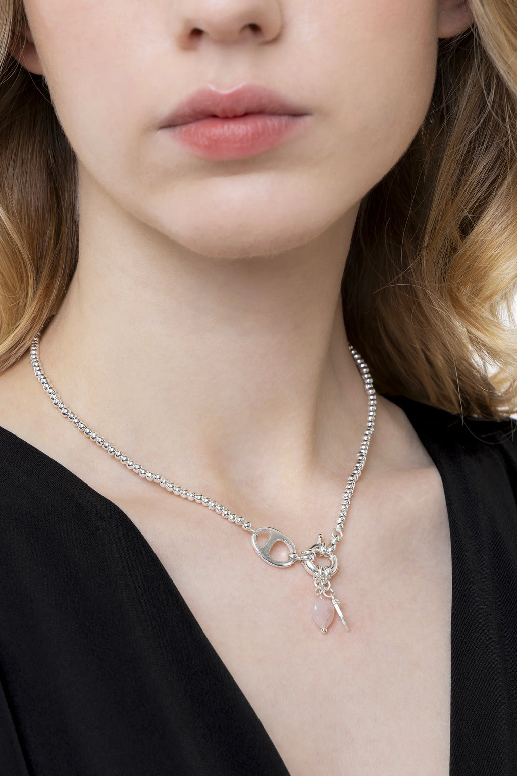 Collana cuore con quarzo rosa e cornetto